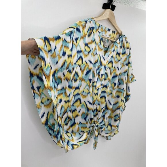 Chicos Ikat Print‎ Satin Poncho Lightweight Tie Front Blouse Sz 1.5 Boho Artsy - Picture 3 of 11